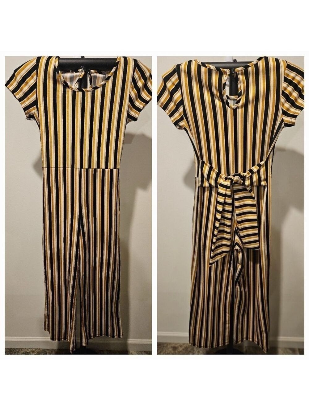 SCOOTER BROWN GIRL'S GOLD, BLACK & WHITE VERTICAL STRIPED JUMPSUIT SIZE 12